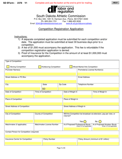 SD Form 2378 Competition Registration Application - South Dakota