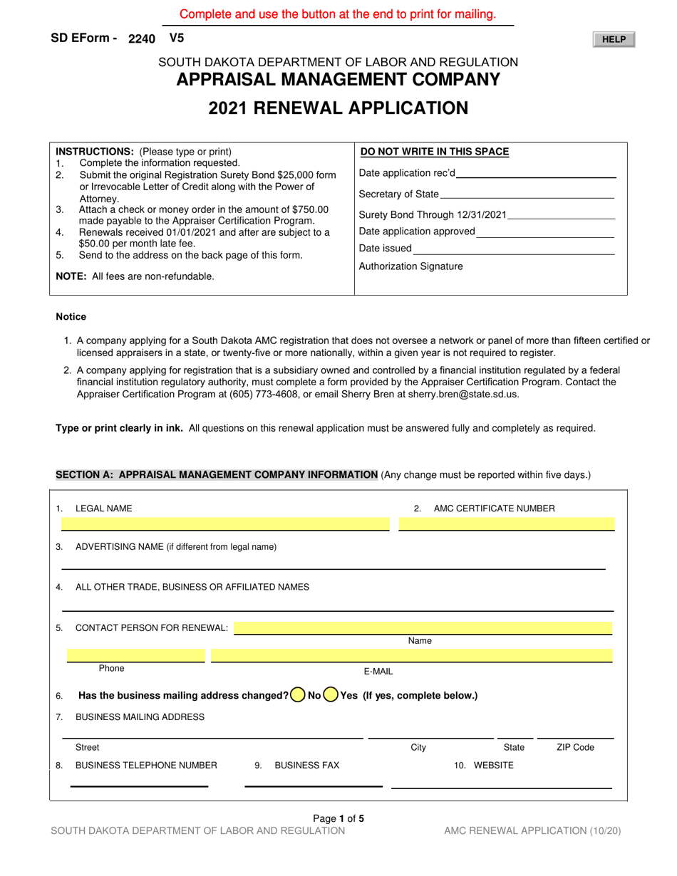 SD Form 2240 Appraisal Management Company Renewal Application - South Dakota, Page 1