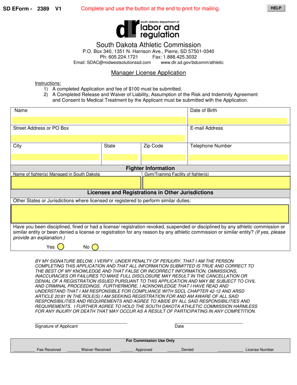 SD Form 2389 Manager License Application - South Dakota, Page 1