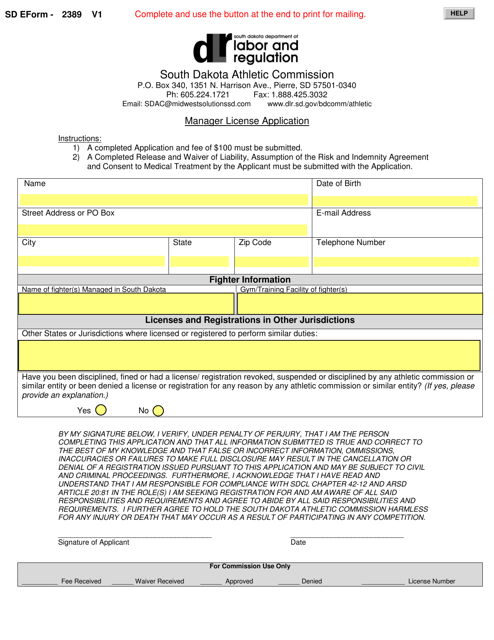 SD Form 2389 Manager License Application - South Dakota