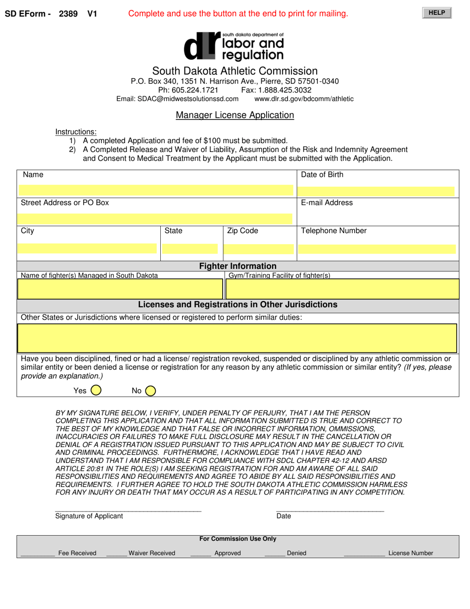 SD Form 2389 Download Fillable PDF or Fill Online Manager License