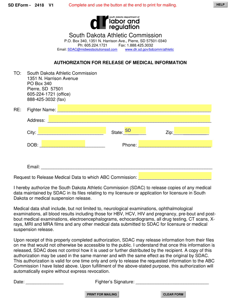 SD Form 2418 Authorization for Release of Medical Information - South Dakota, Page 1