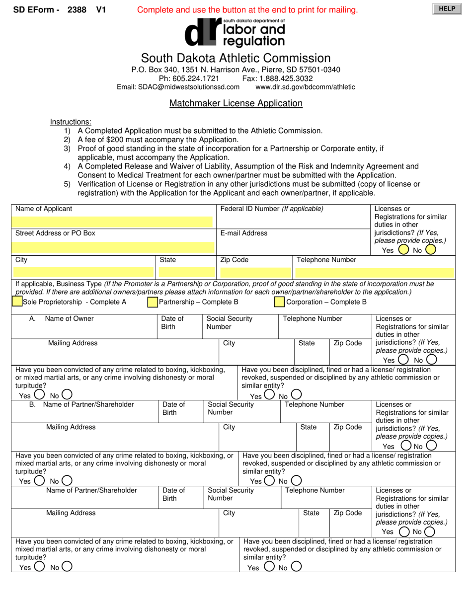 SD Form 2388 Matchmaker License Application - South Dakota, Page 1