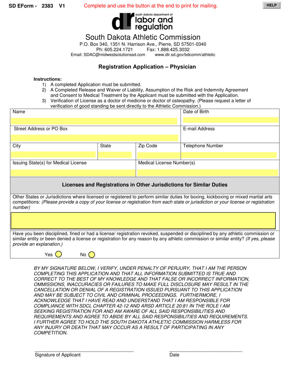 SD Form 2383 Registration Application - Physician - South Dakota, Page 1