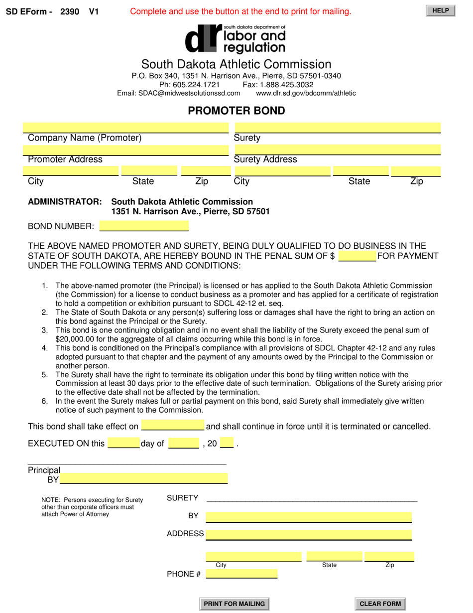 SD Form 2390 Promoter Bond - South Dakota, Page 1