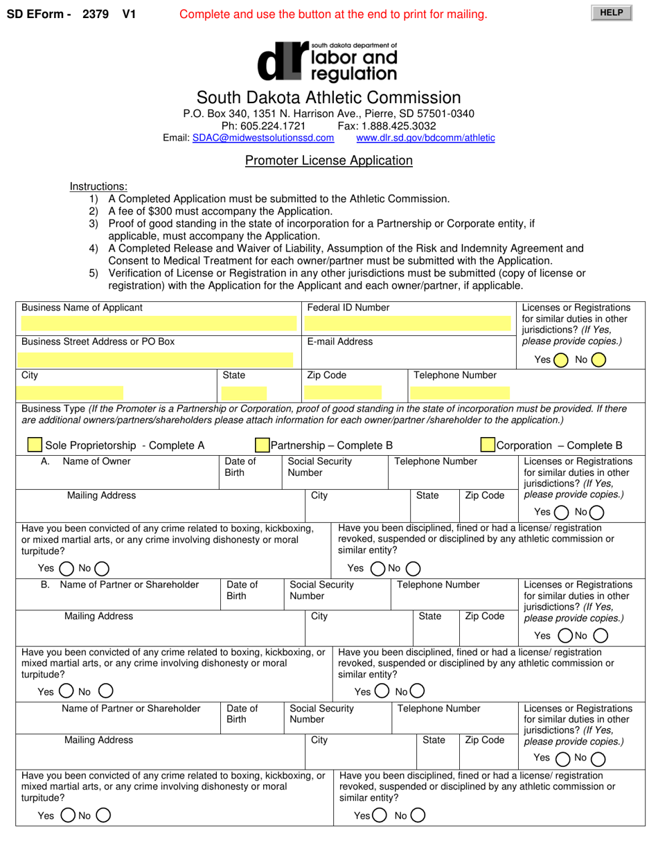 SD Form 2379 Promoter License Application - South Dakota, Page 1