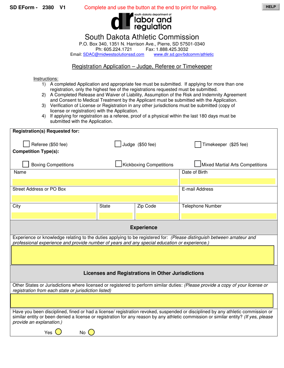 SD Form 2380 Registration Application - Judge, Referee or Timekeeper - South Dakota, Page 1