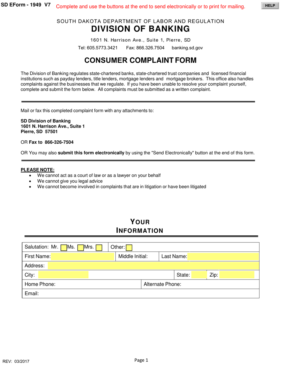 SD Form 1949 Consumer Complaint Form - South Dakota, Page 1