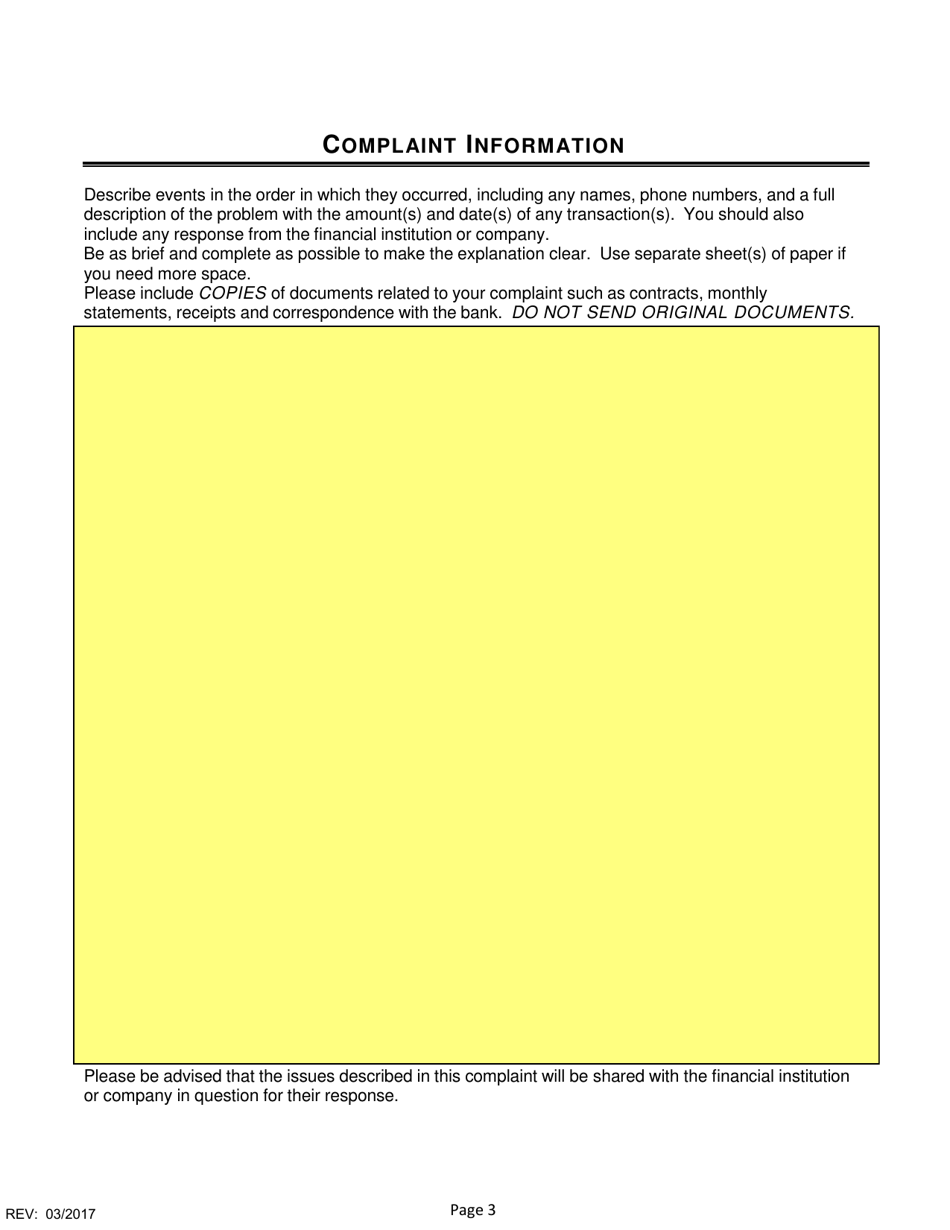 SD Form 1949 Consumer Complaint Form - South Dakota, Page 3