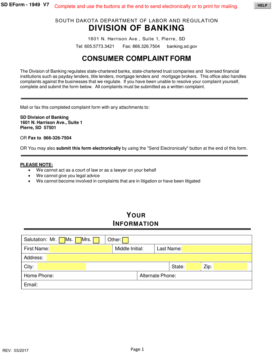 SD Form 1949 - Fill Out, Sign Online and Download Fillable PDF, South ...