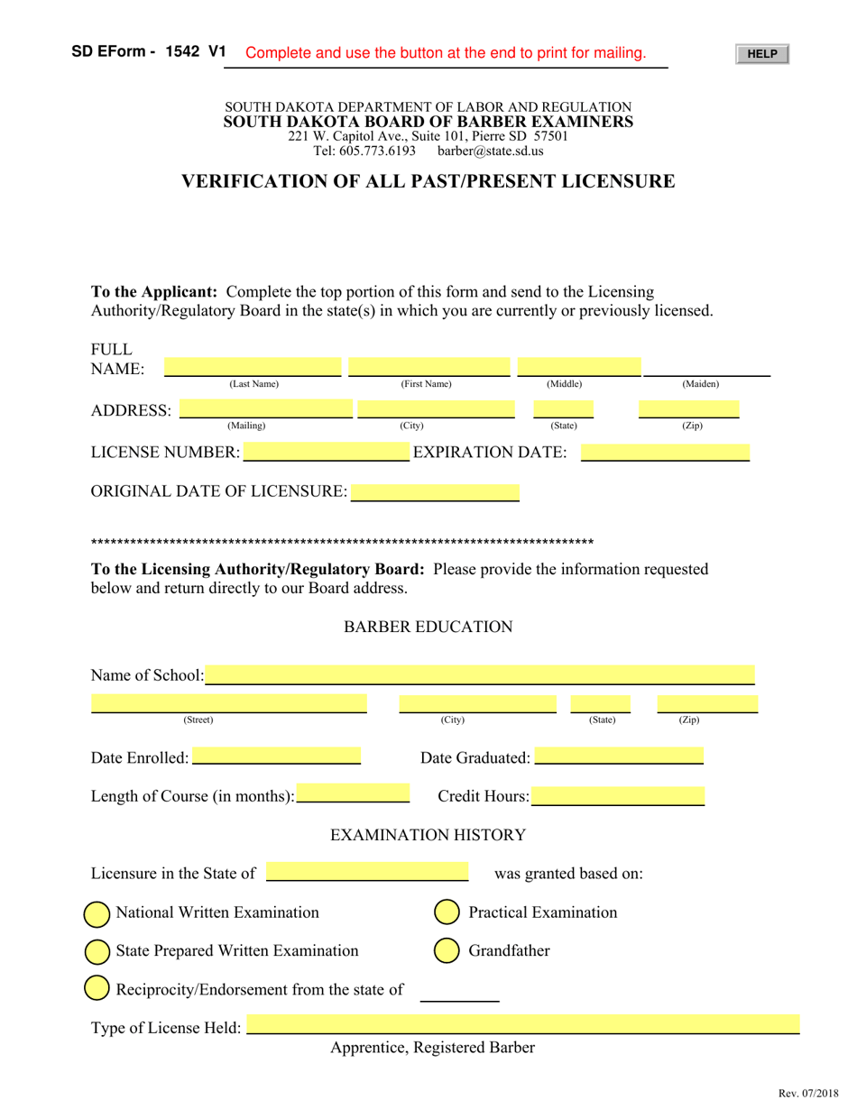 SD Form 1542 Verification of All Past / Present Licensure - South Dakota, Page 1