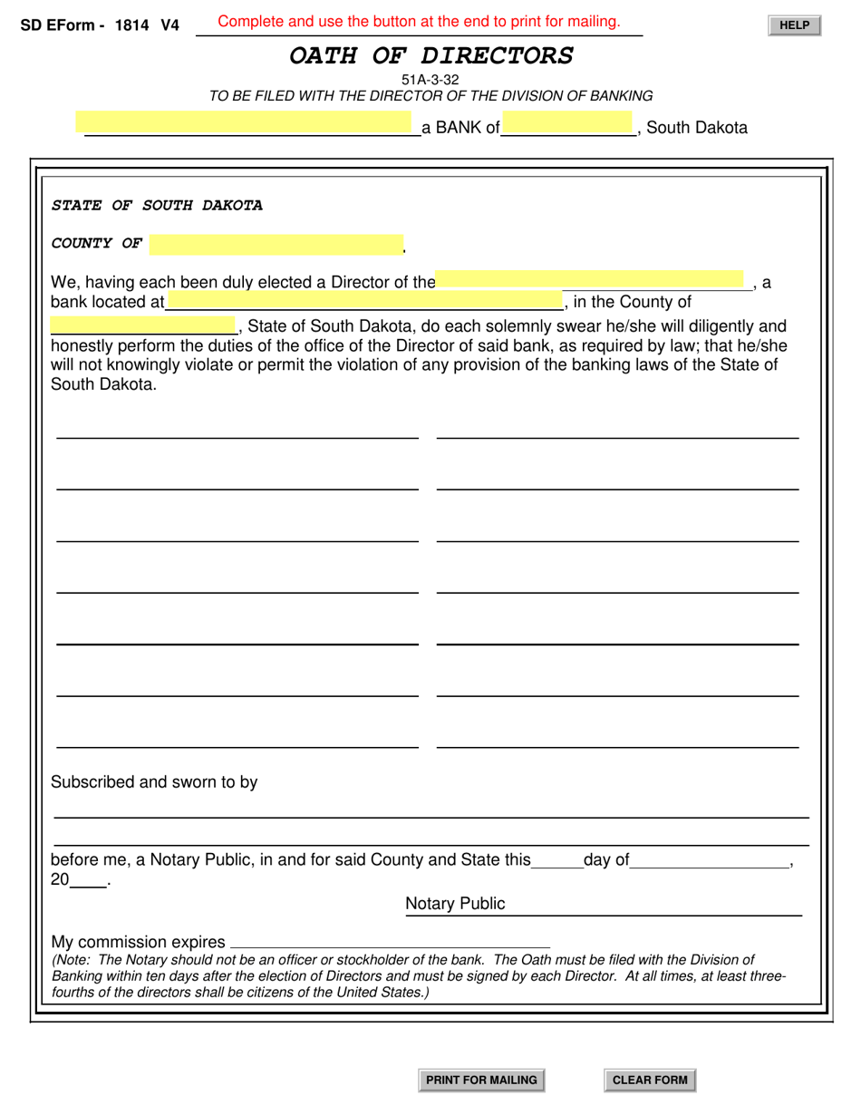 SD Form 1814 Oath of Directors - South Dakota, Page 1