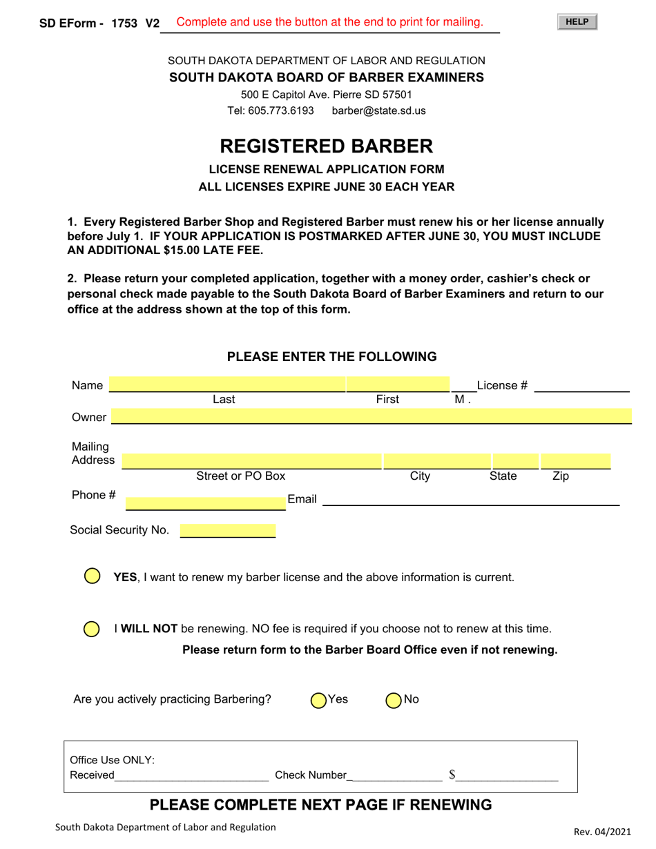SD Form 1753 Registered Barber License Renewal Application Form - South Dakota, Page 1