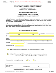 Document preview: SD Form 1753 Registered Barber License Renewal Application Form - South Dakota
