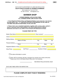 SD Form 1391 Barber Shop License Renewal Application Form - South Dakota