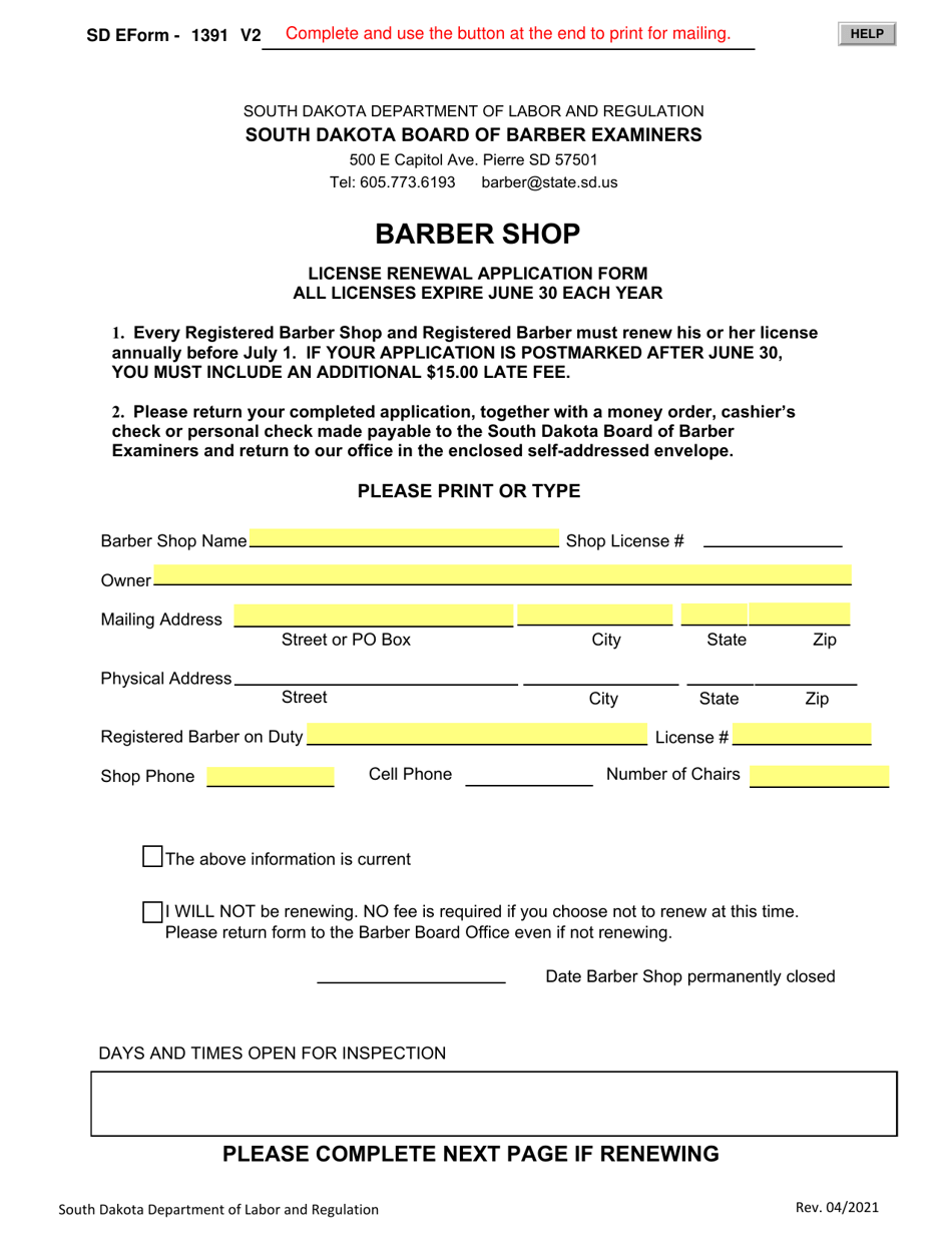 SD Form 1391 Barber Shop License Renewal Application Form - South Dakota, Page 1