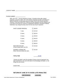 SD Form 1391 Barber Shop License Renewal Application Form - South Dakota, Page 2