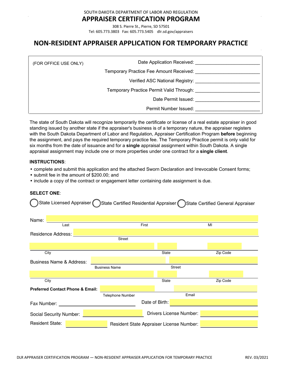 Non-resident Appraiser Application for Temporary Practice - South Dakota, Page 1