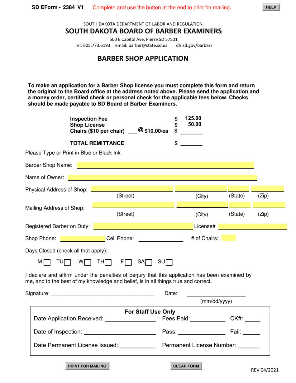 SD Form 2384 Barber Shop Application - South Dakota, Page 1