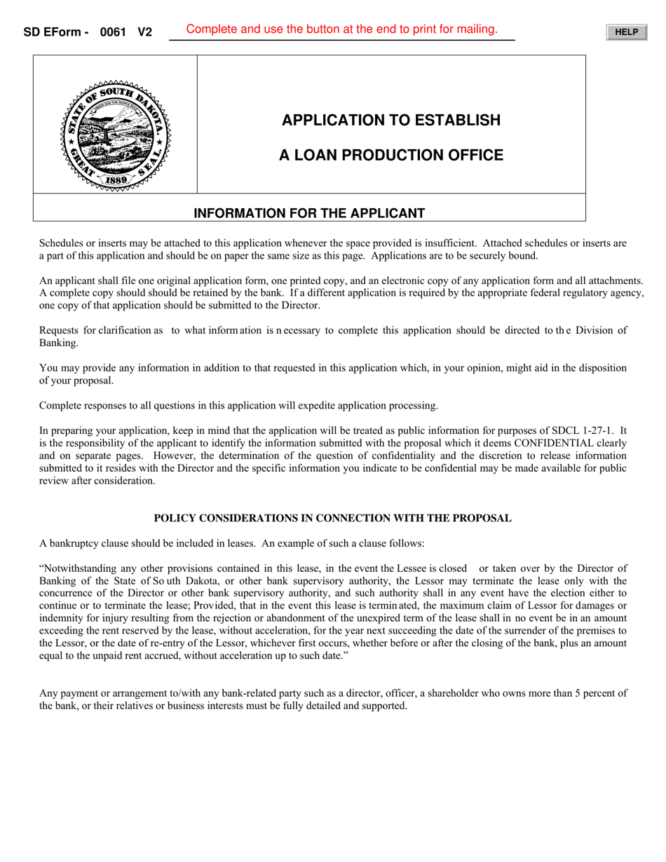 SD Form 0061 Application to Establish a Loan Production Office - South Dakota, Page 1