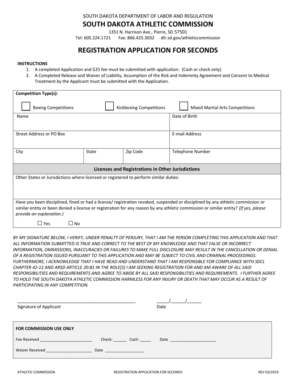 Registration Application for Seconds - South Dakota, Page 1
