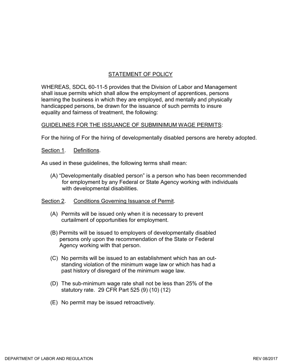 SD Form 2165 Application for Sub-minimum Wage Permit to Employ Persons With Disabilities Under Sdcl 60-11-5 - South Dakota, Page 3