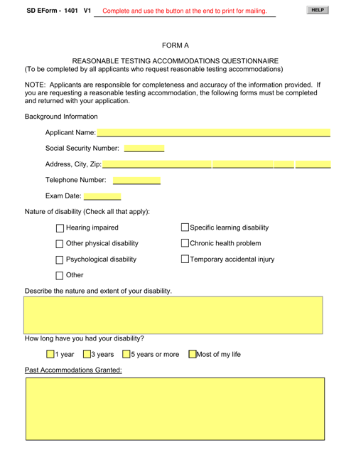 ADA Form A (SD Form 1401) Reasonable Testing Accommodations Questionnaire - South Dakota
