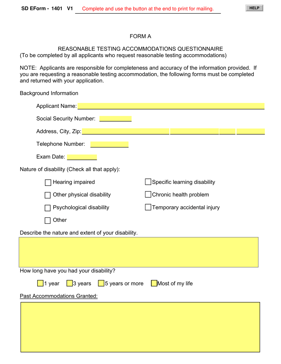 ADA Form A (SD Form 1401) Reasonable Testing Accommodations Questionnaire - South Dakota, Page 1