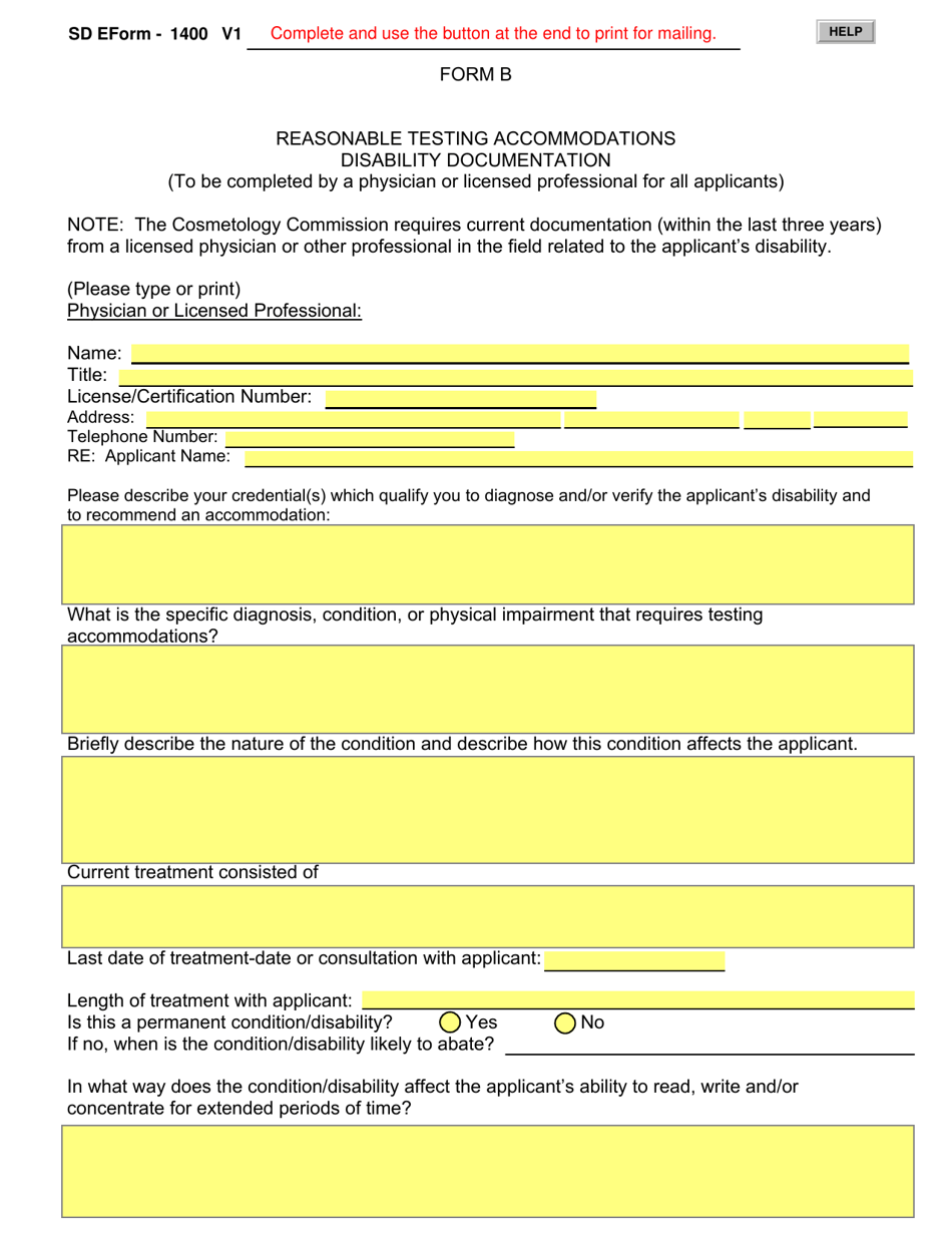 ADA Form B (SD Form 1400) Reasonable Testing Accommodations Disability Documentation - South Dakota, Page 1