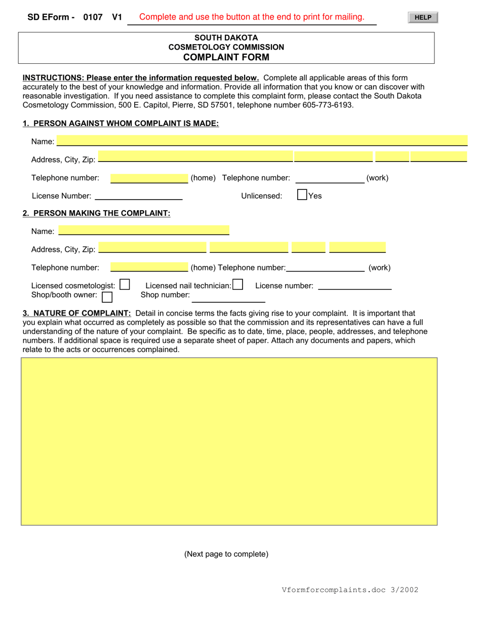 SD Form 0107 Cosmetology Commission Complaint Form - South Dakota, Page 1