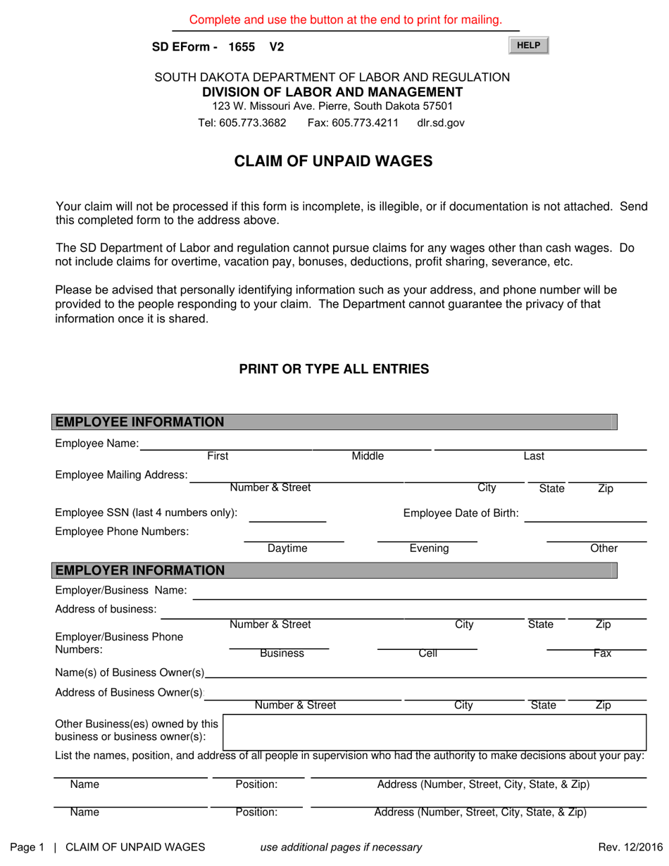SD Form 1655 Claim of Unpaid Wages - South Dakota, Page 1