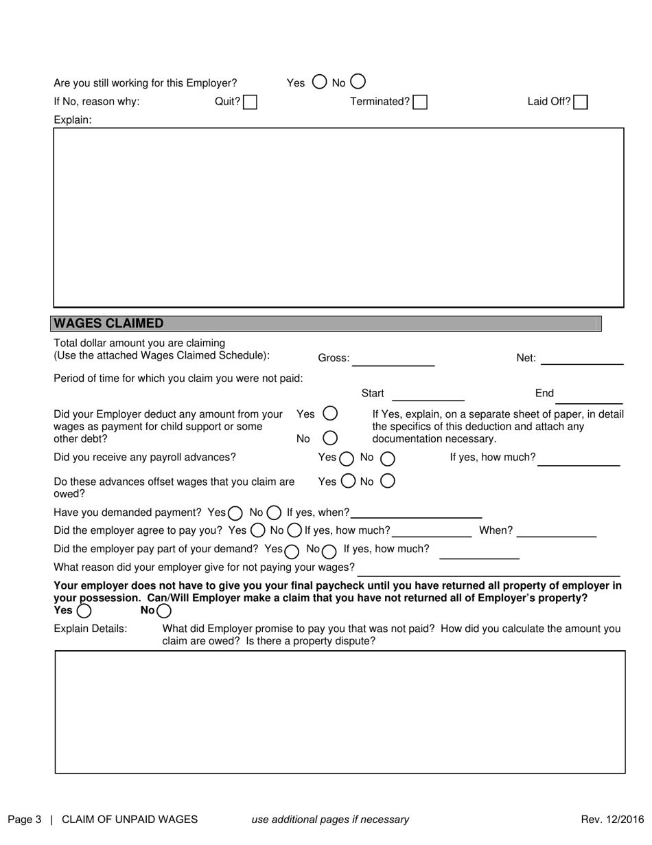 SD Form 1655 Claim of Unpaid Wages - South Dakota, Page 3