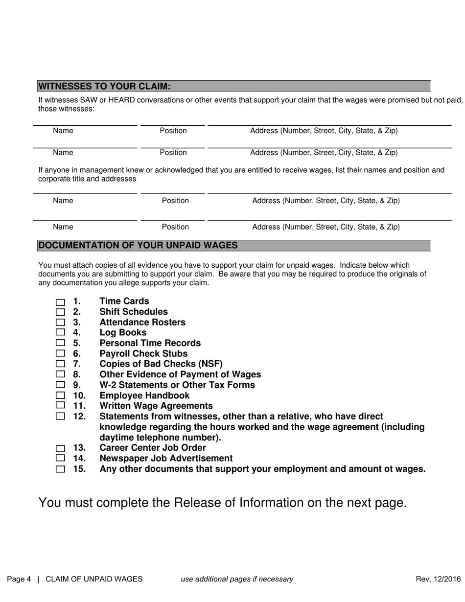 SD Form 1655 Claim of Unpaid Wages - South Dakota, Page 4