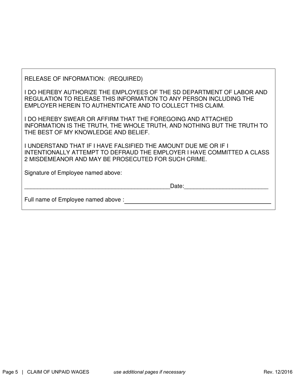 SD Form 1655 Claim of Unpaid Wages - South Dakota, Page 5