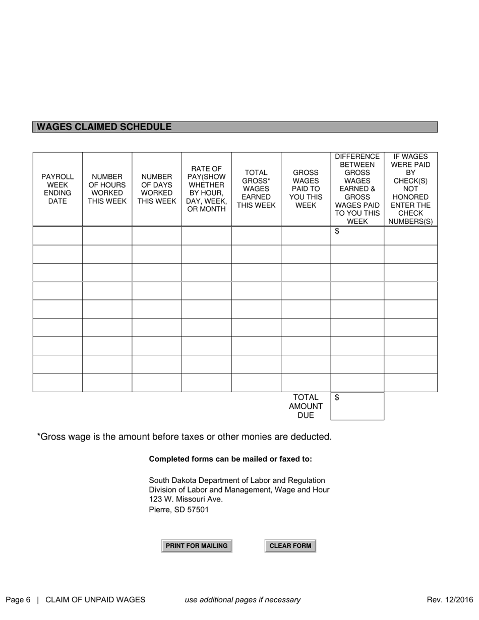 SD Form 1655 Claim of Unpaid Wages - South Dakota, Page 6
