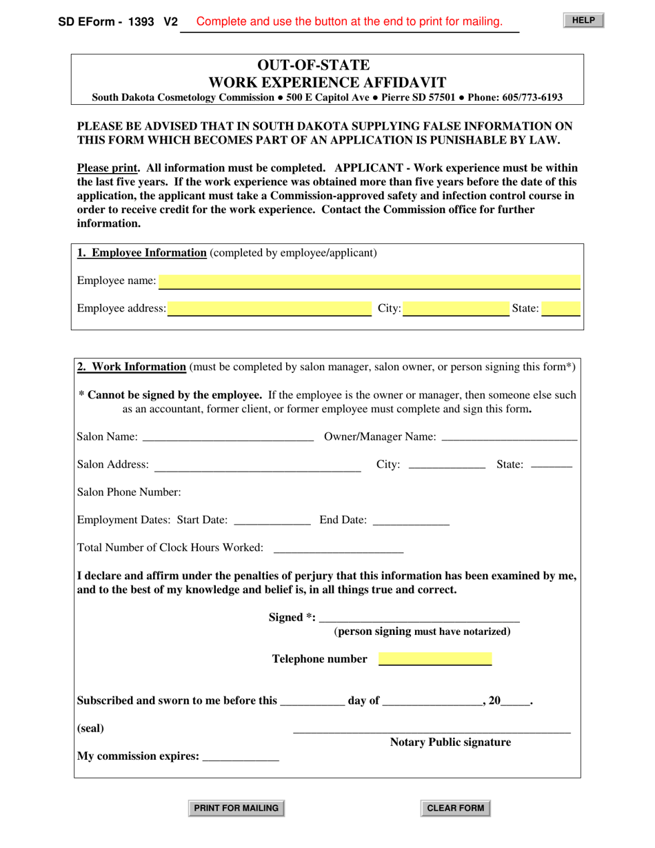 SD Form 1393 Out-of-State Work Experience Affidavit - South Dakota, Page 1