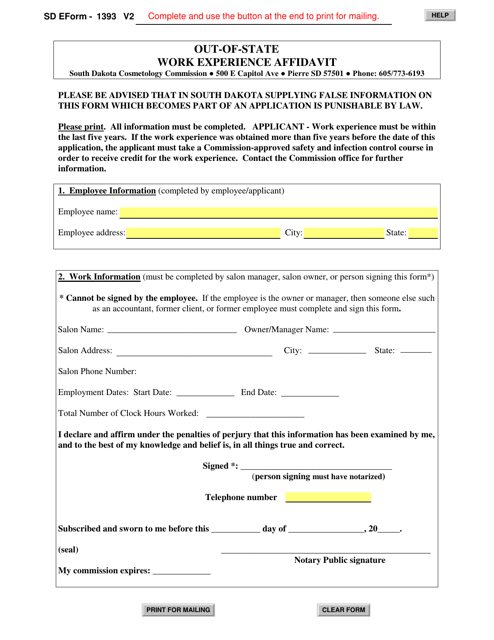 SD Form 1393 Out-of-State Work Experience Affidavit - South Dakota