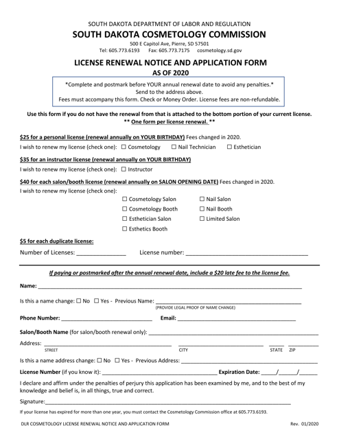 License Renewal Notice and Application Form - South Dakota Download Pdf