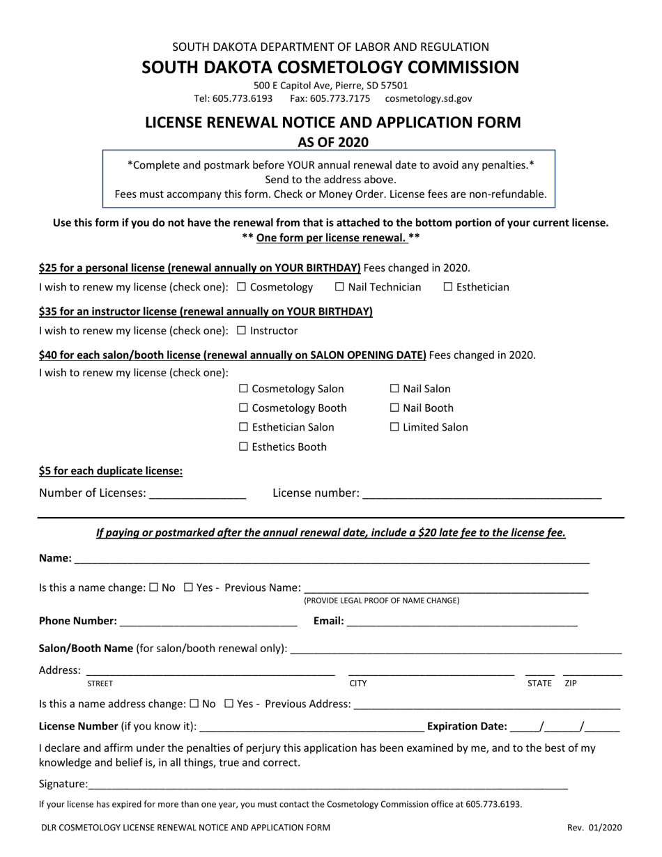 2020 South Dakota License Renewal Notice and Application Form Fill Out, Sign Online and