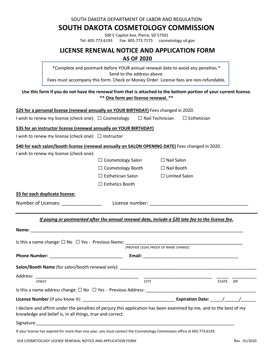 License Renewal Notice and Application Form - South Dakota, Page 1