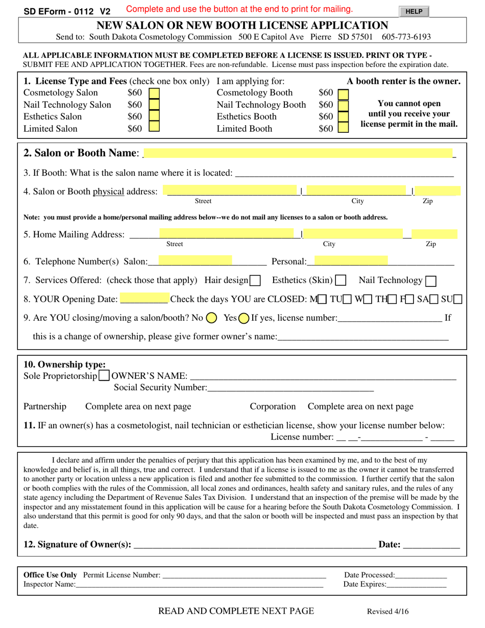 SD Form 0112 Fill Out, Sign Online and Download Fillable PDF, South