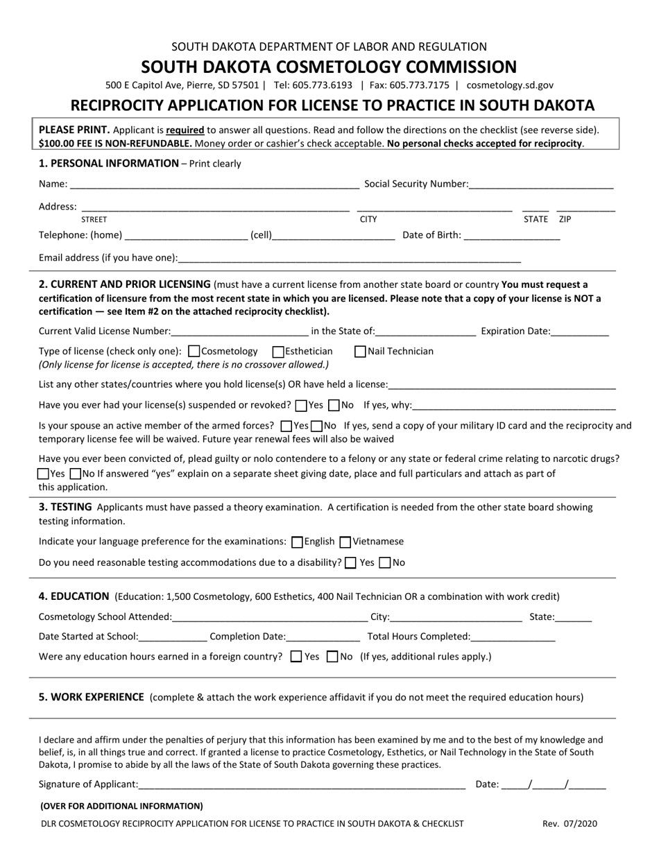 Reciprocity Application for License to Practice in South Dakota - South Dakota, Page 1