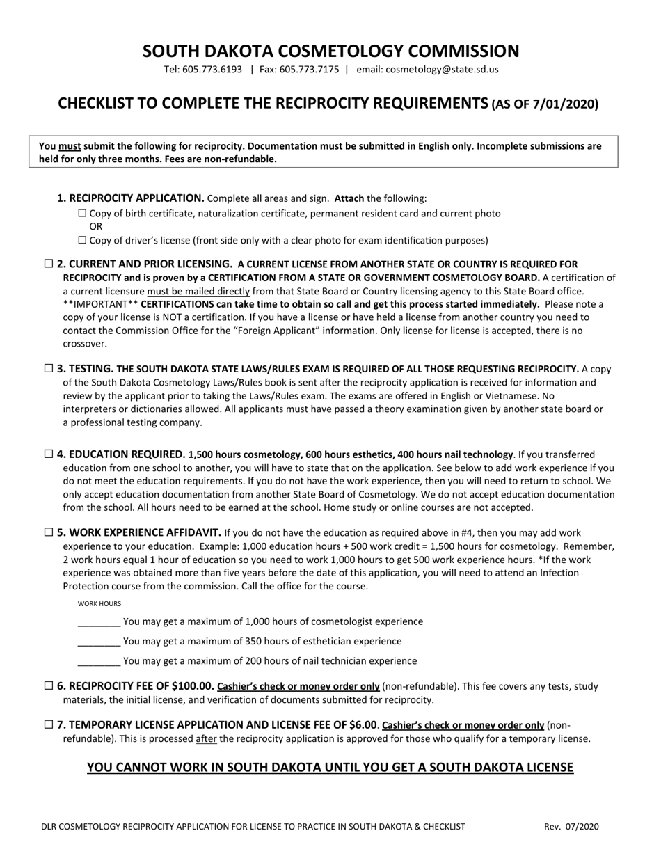 Reciprocity Application for License to Practice in South Dakota - South Dakota, Page 2