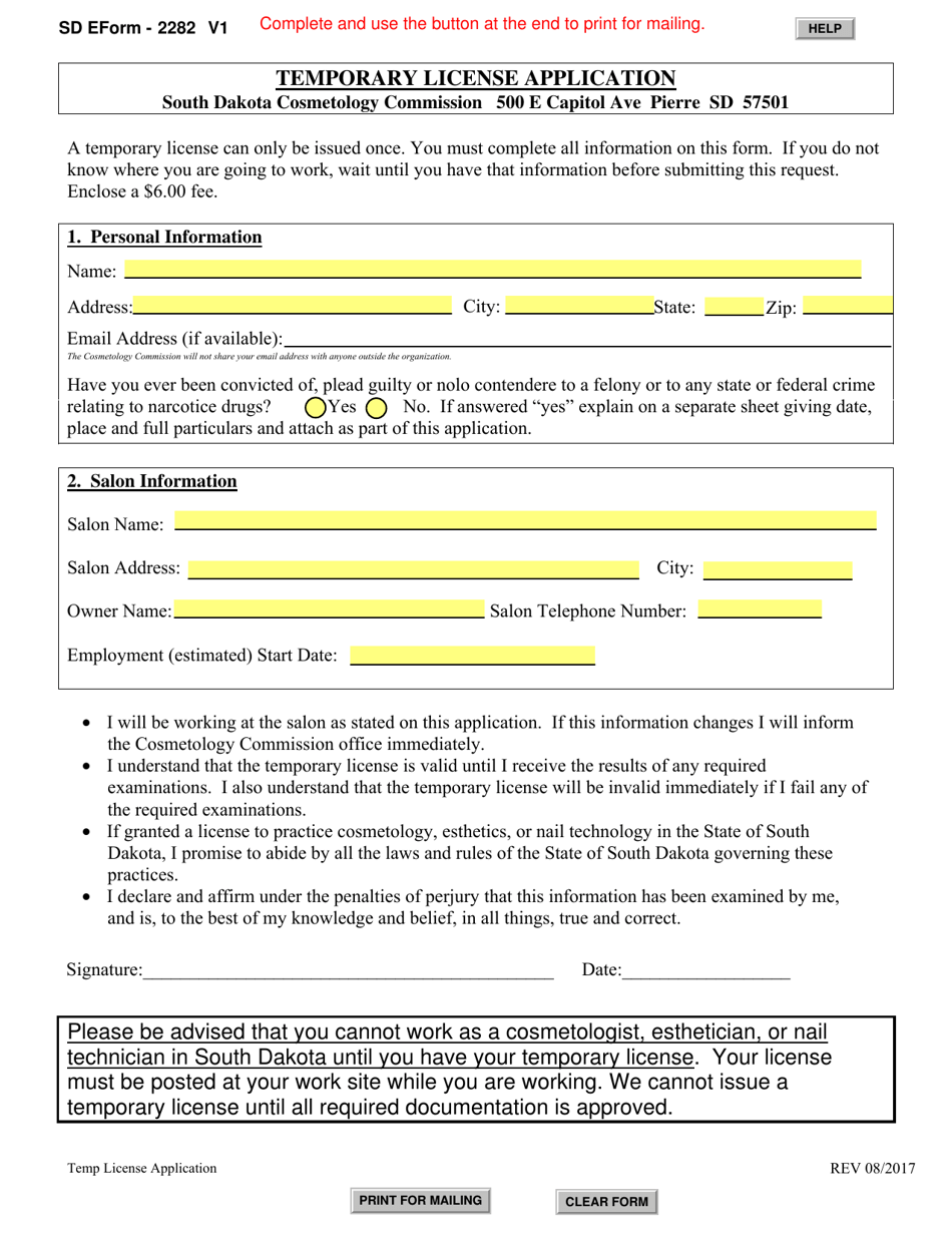 SD Form 2282 Temporary License Application - South Dakota, Page 1