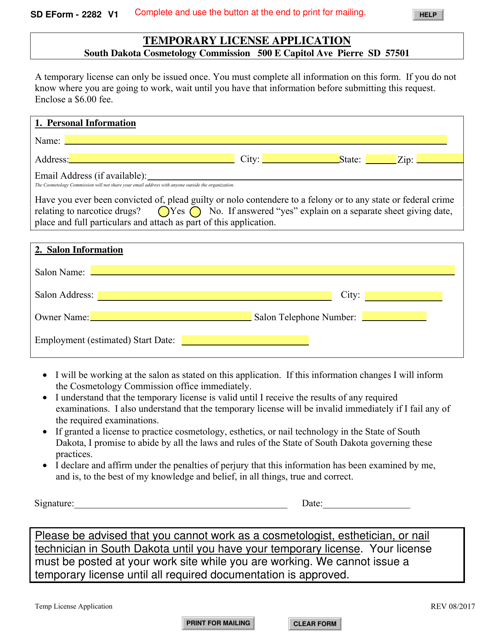 SD Form 2282 Temporary License Application - South Dakota