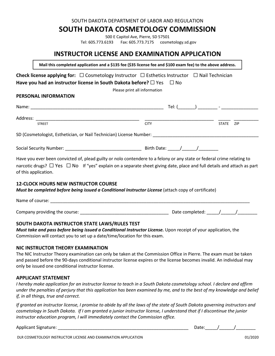 Instructor License and Examination Application - South Dakota, Page 1