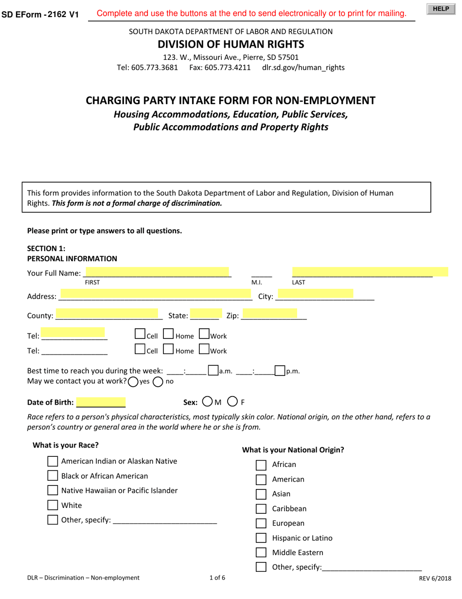 SD Form 2162 Charging Party Intake Form for Non-employment - South Dakota, Page 1