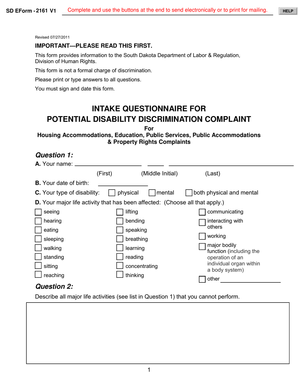 SD Form 2161 Intake Questionnaire for Potential Disability Discrimination Complaint for Housing Accommodations, Education, Public Services, Public Accommodations  Property Rights Complaints - South Dakota, Page 1