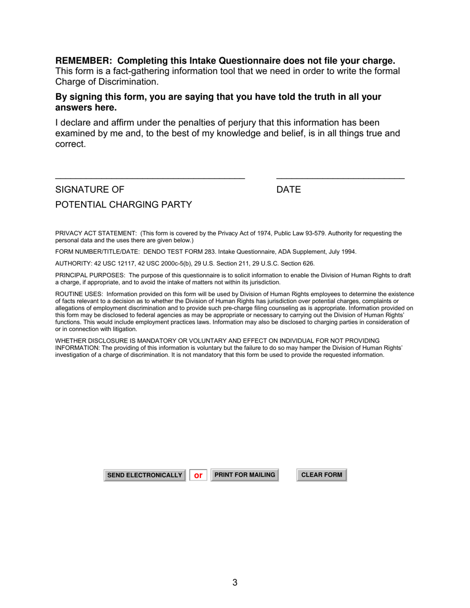 SD Form 2161 Intake Questionnaire for Potential Disability Discrimination Complaint for Housing Accommodations, Education, Public Services, Public Accommodations  Property Rights Complaints - South Dakota, Page 3