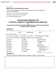 Document preview: SD Form 2161 Intake Questionnaire for Potential Disability Discrimination Complaint for Housing Accommodations, Education, Public Services, Public Accommodations & Property Rights Complaints - South Dakota